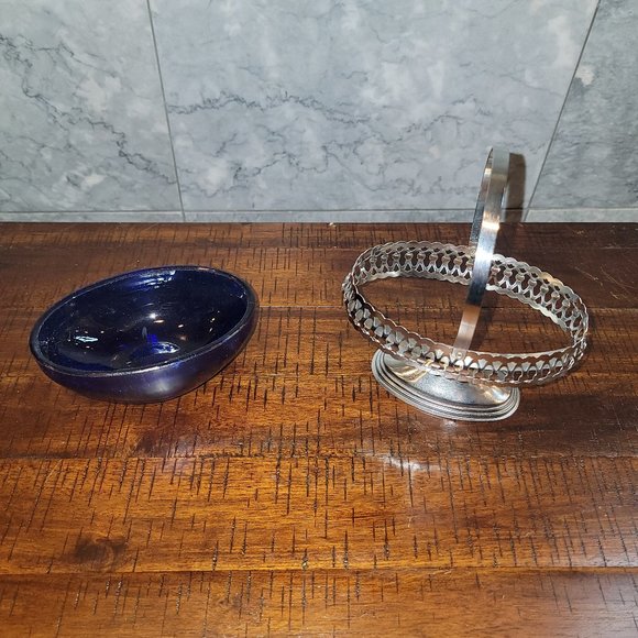 Vintage Cobalt Blue Glass Jam/Condiment/Candy Dish, Chrome Plate Basket Stand - Picture 2 of 4
